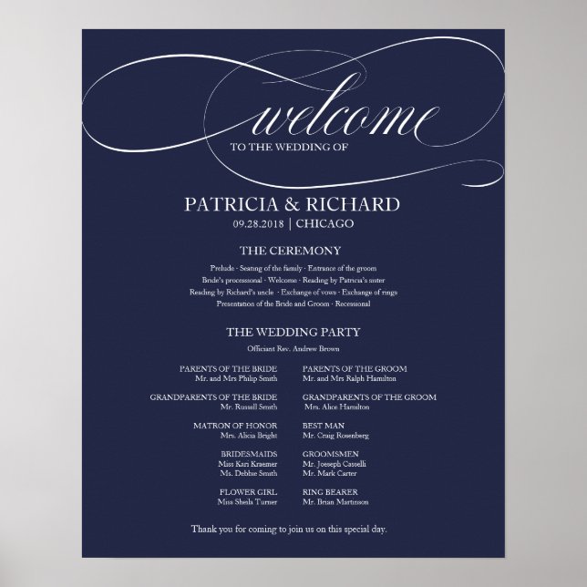 Elegantes Hochzeitsprogramm Navy Blue Poster (Vorne)