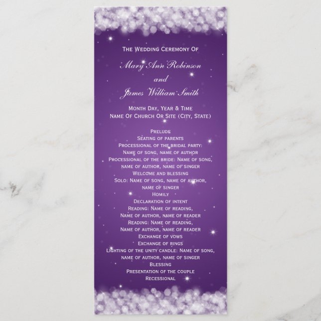 Elegantes Hochzeitsprogramm Party Sparkle Lila Programm (Vorderseite)