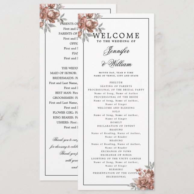 Elegantes Hochzeitsprogramm Roségold Rustikale Blu Einladung (Vorne/Hinten)