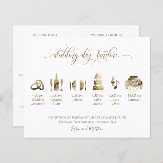Elegantes Hochzeitsprogramm und Timeline in Gold (Vorne/Hinten)