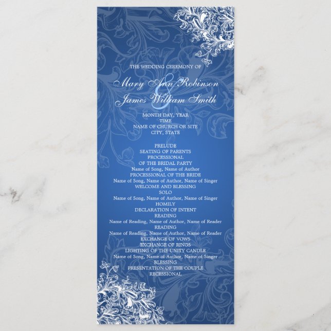 Elegantes Hochzeitsprogramm Vintage Wirbel Blau Programm (Vorderseite)