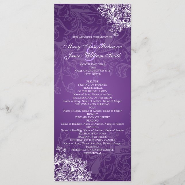 Elegantes Hochzeitsprogramm Vintage Wirbel Lila Programm (Vorderseite)