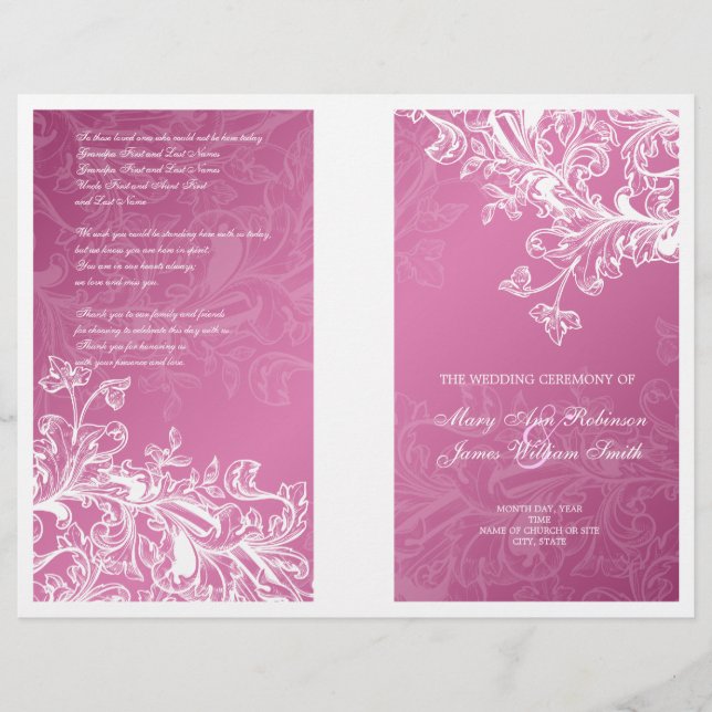 Elegantes Hochzeitsprogramm Vintage Wirbel Rosa (Vorderseite)