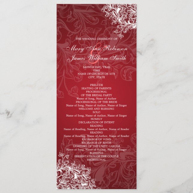 Elegantes Hochzeitsprogramm Vintage Wirbel Rot Programm (Vorderseite)