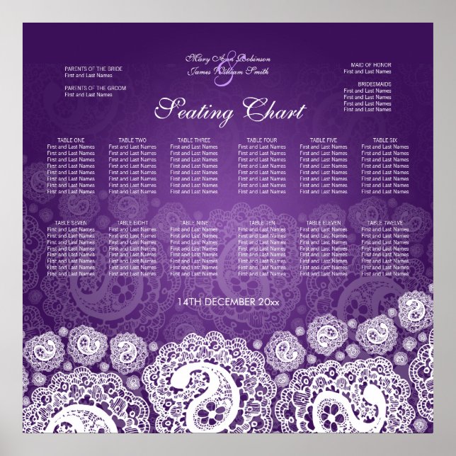 Elegantes Hochzeitssatch Paisley Lace Lila Poster (Vorne)