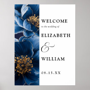 Elegantes Hochzeitsschild mit navyblauen Blumen Poster