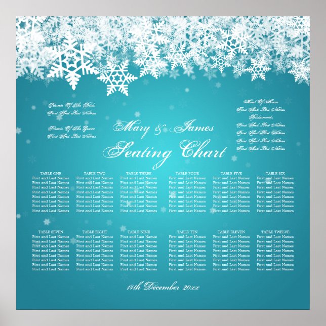 Elegantes Hochzeitssessendiagramm Winter Türkis Poster (Vorne)