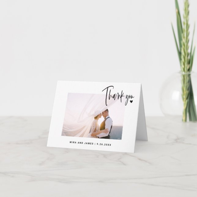 Elegantes Hochzeitsskript-Foto Herz Einfach Modern Dankeskarte (Vorderseite)