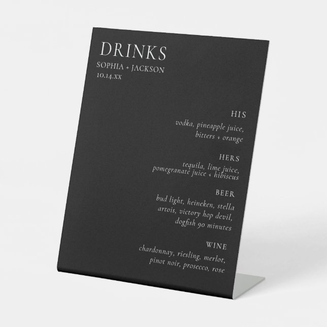 Elegantes Hochzeitsstift Bar Signature Drink Sign Sockelschild (Vorderseite)