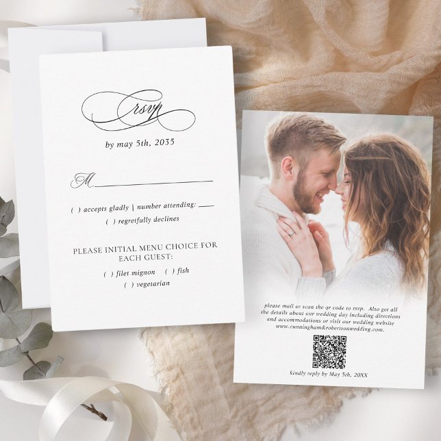 Elegantes Hochzeitsstift QR Foto Meal Modern Black RSVP Karte (Elegant Wedding Photo QR Code Meal Modern Black RSVP Card)