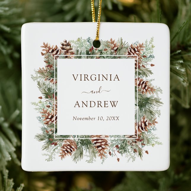 Elegantes Hochzeitsstil-Foto Keramikornament (Elegant Forest Theme Wedding Photo Holiday Ceramic Ornament by Painted Paperie
)