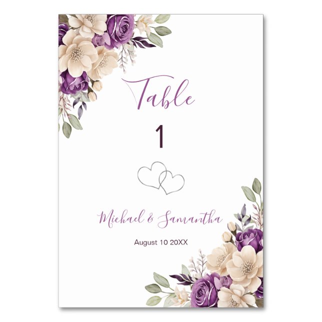 Elegantes Hochzeitssymbol für Lila und Elfenbeinkü Tischnummer (Vorderseite)