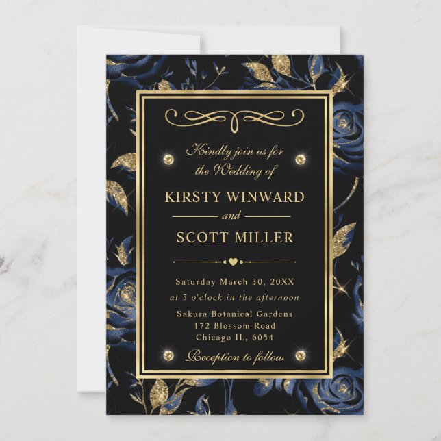 Elegantes Hochzeitstil der Marine und Gold Rose Einladung (Vorderseite)