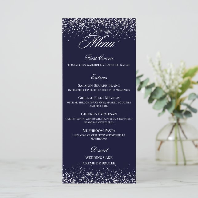 Elegantes Hochzeitstischmenü Karte Formelles Ereig (Stehend Vorderseite)