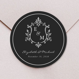 Elegantes Hochzeitswappen-Monogramm Schwarz Runder Aufkleber