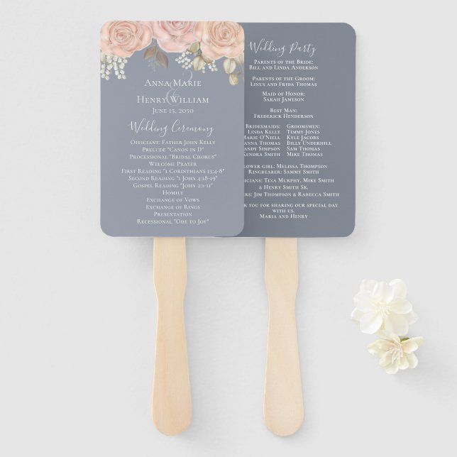 Elegantes Hochzeitswasser-Aquarellprogramm zur Ros Fächer (Vorne und Hinten)