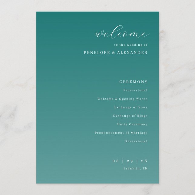 Elegantes Hochzeitszeremonie-Programm in Türkis Programm (Vorderseite)