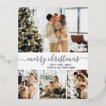Elegantes Holiday Foto Grau Silver Foil Folien Feiertagspostkarte<br><div class="desc">Elegante Kalligrafie Minimalistisch Silver Gray Foil Script 4 Foto Collage Frohe Weihnachts-Postkarte. Dieses festliche, mimimalistische, whimsical vier (4) Foto Urlaubskarte Vorlage verfügt über eine hübsche Foto Collage und sagt "Frohe Weihnachten"! Der "Frohe Weihnachten"-Grußtext ist in einer schönen Hand geschrieben, Wirble Swash-Schwanz-Schriftart-Typ in silbergrau auf weißem Hintergrund. Auf der Rückseite mit...</div>