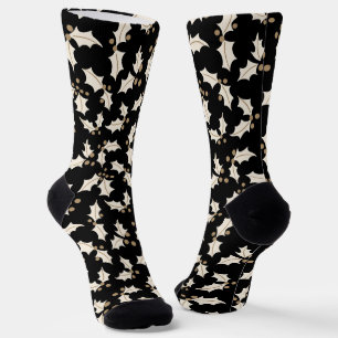 Elegantes Holly Pattern Schwarz, Elfenbein, Gold Socken