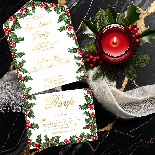 Elegantes Holly und Berries Rahmen Weihnachtsfest  All-in-One-Einladung (Elegant Holly and Berries Frame Christmas Party All in One Invitation - White | Red)