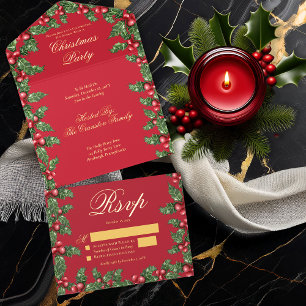 Elegantes Holly und Berries Rahmen Weihnachtsfest  All-in-One-Einladung