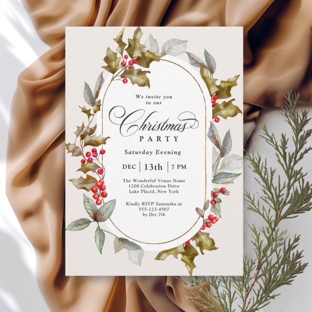 Elegantes Holly und Berry Botanisches Weihnachtsfe Einladung (Available in both printed and instant download digital formats.)