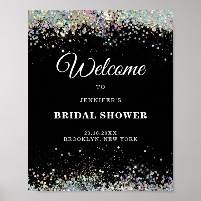 Elegantes Holographic Glitzer BRAUTPARTY Black Poster (Vorne)