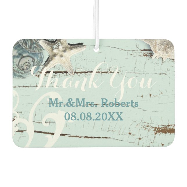Elegantes Holz BLue Seashells Beach Wedding Autolufterfrischer (Vorderseite)