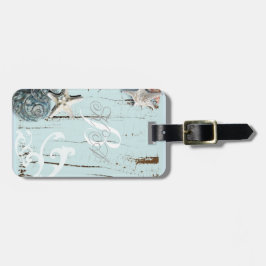 Elegantes Holz BLue Seashells Beach Wedding Gepäckanhänger