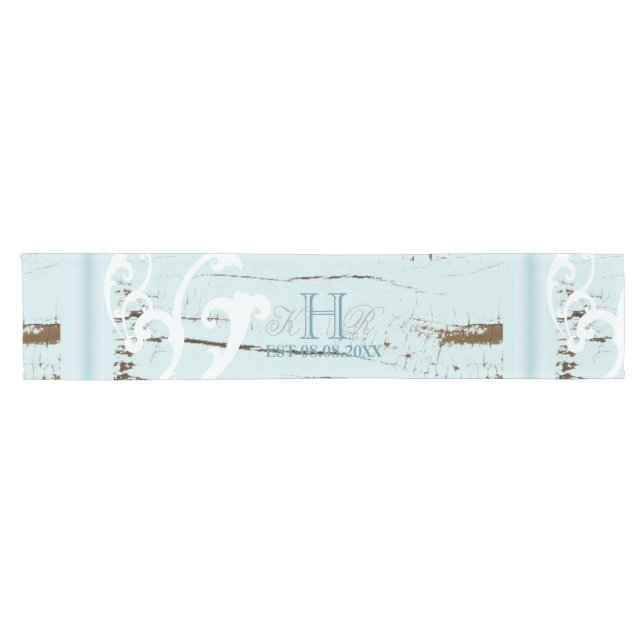 Elegantes Holz BLue Seashells Beach Wedding Kurzer Tischläufer (Horizontal)