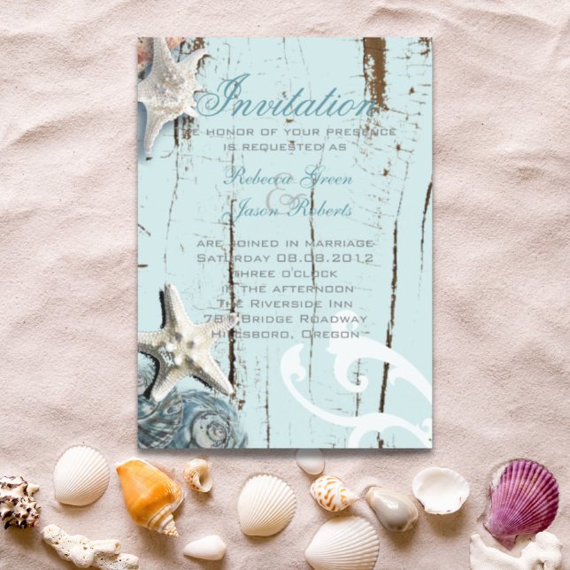 Elegantes Holz BLue Seashells Beach Wedding Magneteinladung (Elegant wood BLue Seashells Beach Wedding Magnetic Invitation)