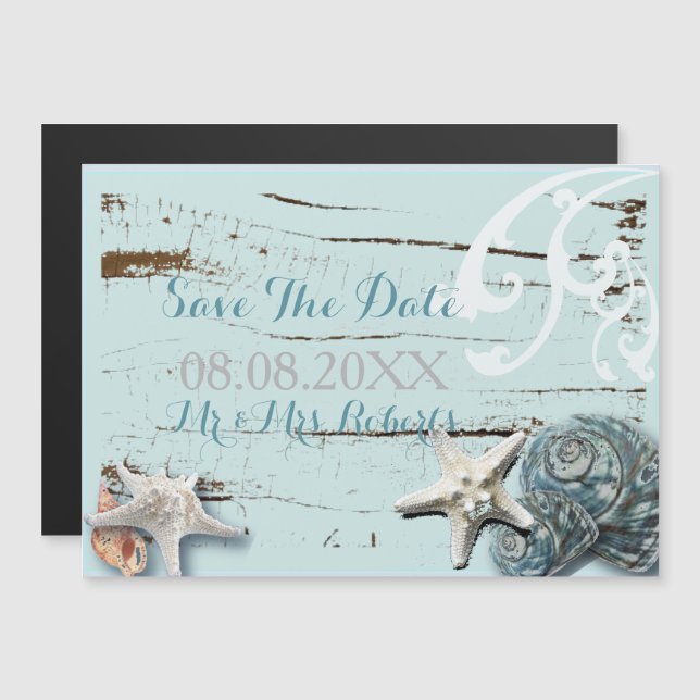 Elegantes Holz BLue Seashells Beach Wedding Magneteinladung (Vorne/Hinten)
