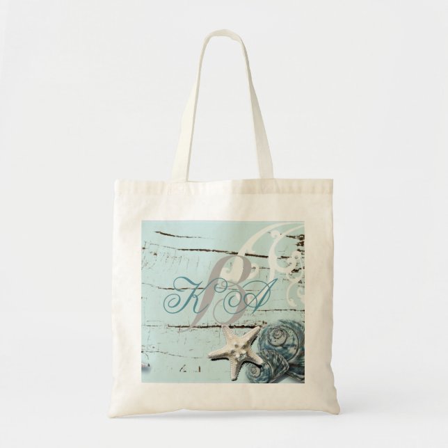 Elegantes Holz BLue Seashells Beach Wedding Tragetasche (Vorne)