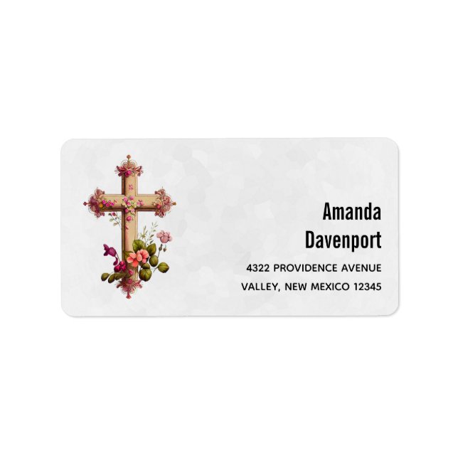 Elegantes Holzkreuz mit rosa Blume Adressaufkleber (Vorne)