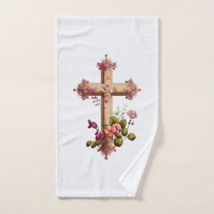 Elegantes Holzkreuz mit rosa Blume Badhandtuch Set