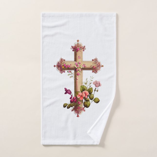 Elegantes Holzkreuz mit rosa Blume Badhandtuch Set (Handtuch)