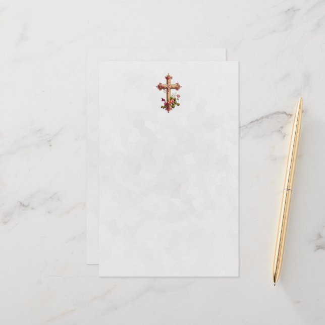 Elegantes Holzkreuz mit rosa Blume Briefpapier (Vorderseite/Rückseite Beispiel)
