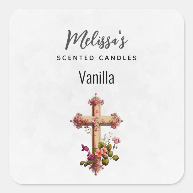 Elegantes Holzkreuz mit rosa Blume Candle Biz Quadratischer Aufkleber (Vorderseite)