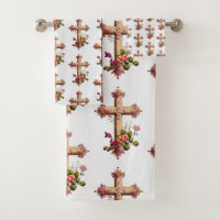 Elegantes Holzkreuz mit rosa Blume Gemustert