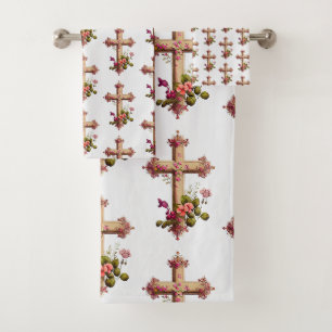 Elegantes Holzkreuz mit rosa Blume Gemustert Badhandtuch Set