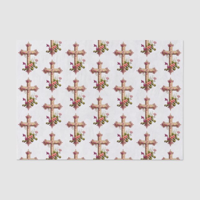 Elegantes Holzkreuz mit rosa Blume Gemustert Seidenpapier (Vorderseite)