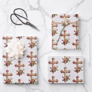 Elegantes Holzkreuz mit rosa Blume Geschenkpapier Set