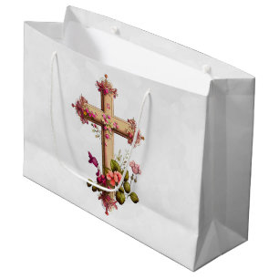 Elegantes Holzkreuz mit rosa Blume Große Geschenktüte