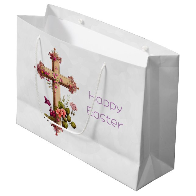 Elegantes Holzkreuz mit rosa Blume Ostern Große Geschenktüte (Vorderseite Schrägansicht)