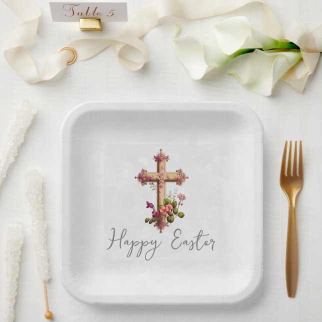 Elegantes Holzkreuz mit rosa Blume Ostern Pappteller (Hochzeit)