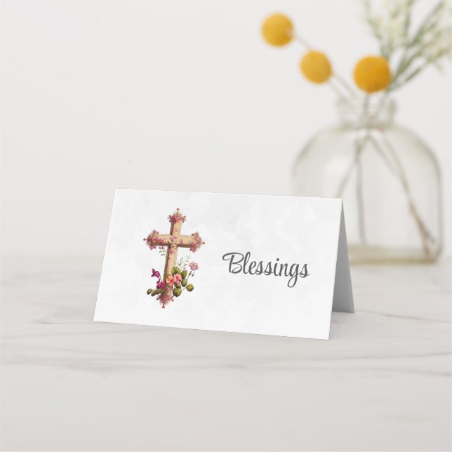 Elegantes Holzkreuz mit rosa Blume Platzkarte (Vorderseite)