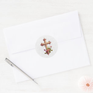 Elegantes Holzkreuz mit rosa Blume Runder Aufkleber