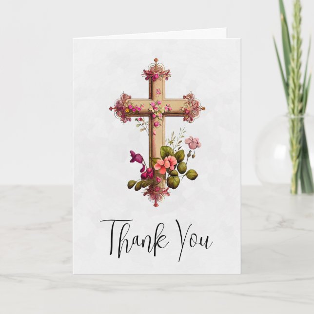 Elegantes Holzkreuz mit rosa Blume Vielen Dank Karte (Vorderseite)