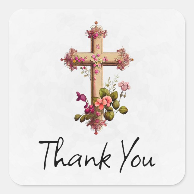 Elegantes Holzkreuz mit rosa Blume Vielen Dank Quadratischer Aufkleber (Vorderseite)