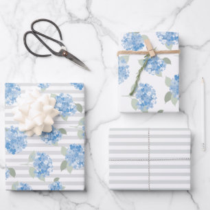 Elegantes Hortensienmuster Blaue Streifenoptik Gra Geschenkpapier Set